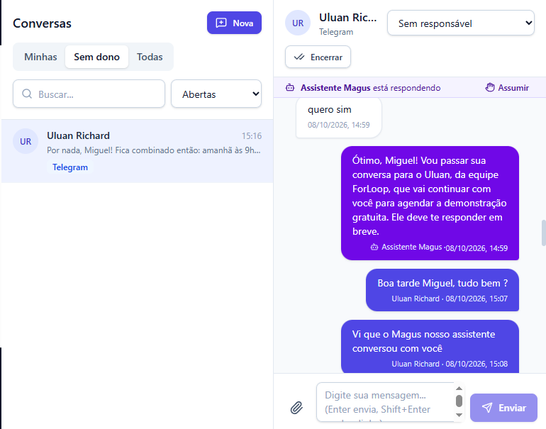 Conversa no Clientti: o Atendente IA passa o cliente para a equipe